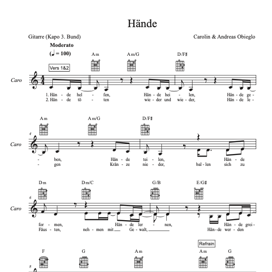 "Hände" - Noten PDF - Melodie mit Gitarrenakkorden A-Moll