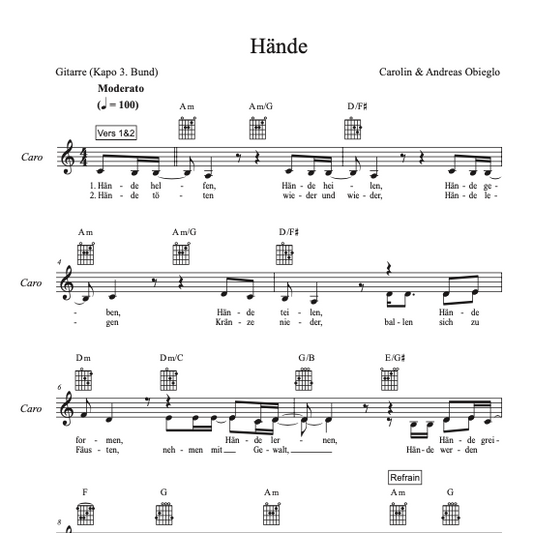 "Hände" - Noten PDF - Melodie mit Gitarrenakkorden A-Moll