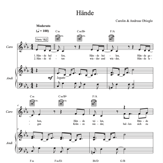 "Hände" - Noten PDF - Melodie mit Klavierbegleitung C-Moll