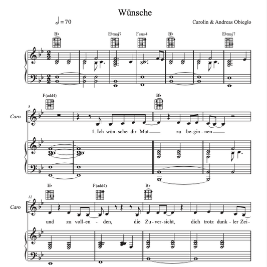 "Wünsche" - Noten PDF - Melodie mit Klavierbegleitung Bb-Dur