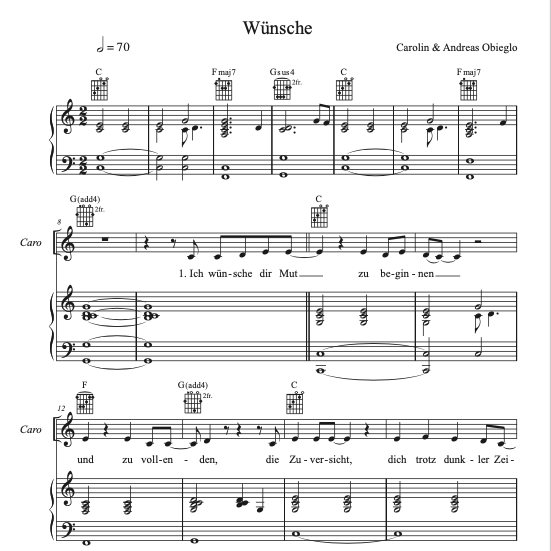 "Wünsche" - Noten PDF - Melodie mit Klavierbegleitung C-Dur
