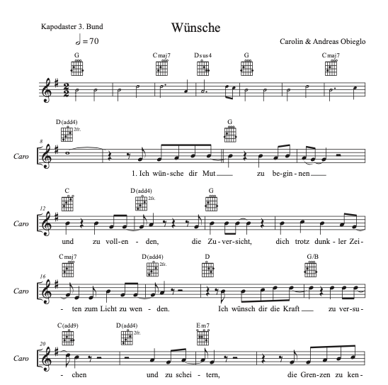 "Wünsche" - Noten PDF - Melodie mit Gitarrenakkorden G-Dur